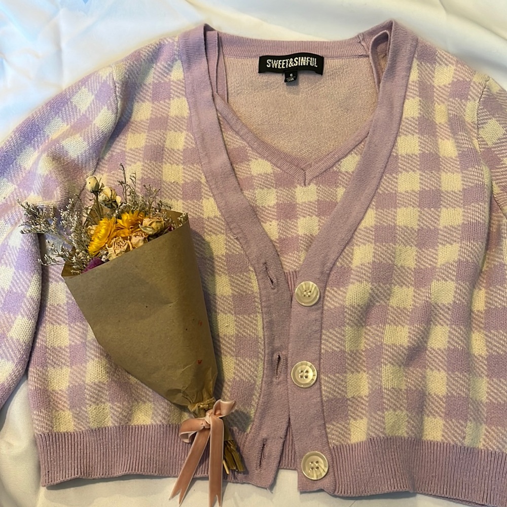 Selling a shirt and a sweater size small purple and white checkered